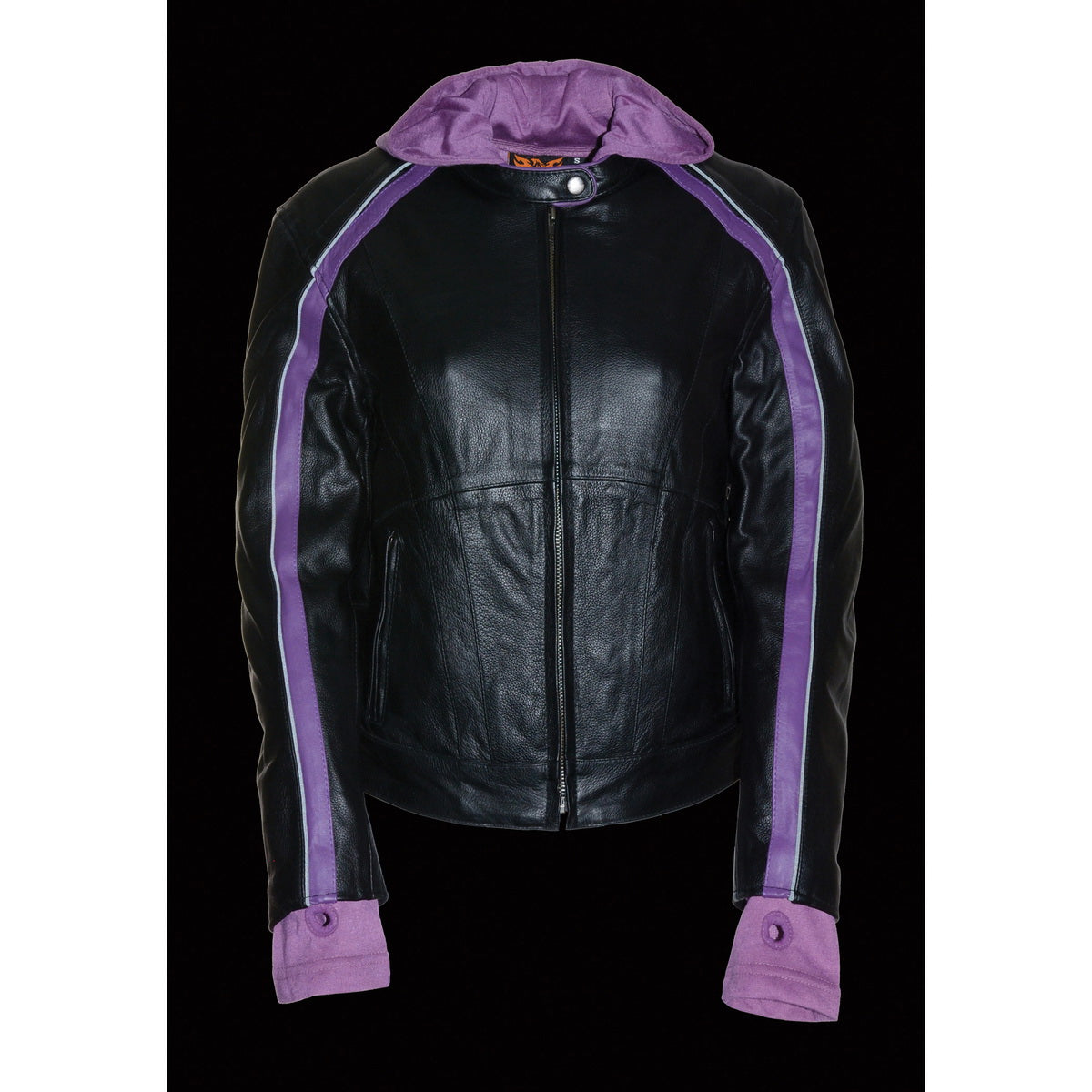 Milwaukee Leather SH1951 Women's Striped Black and Purple Leather Jacket with Zip-Out Hoodie