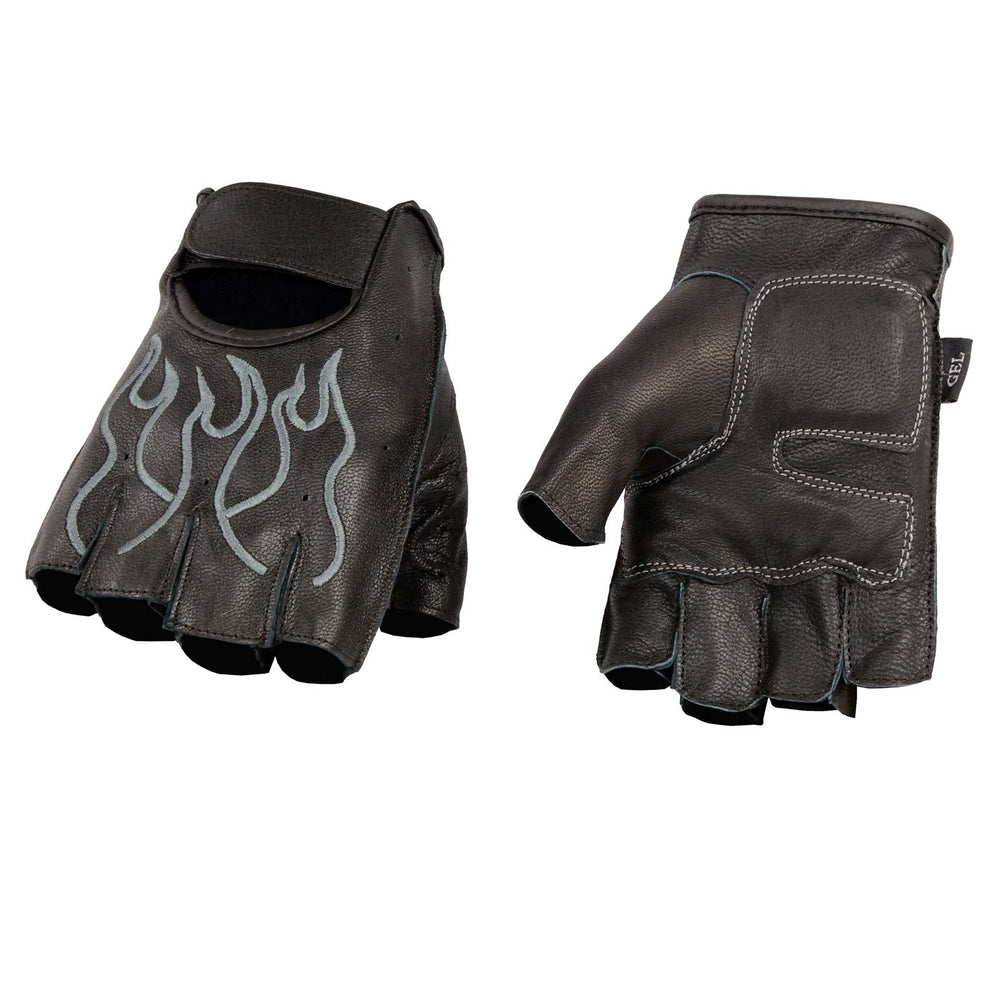 Xelement XG198 Men's Embroidered 'Flamed' Fingerless Black and Gray Motorcycle Leather Gloves