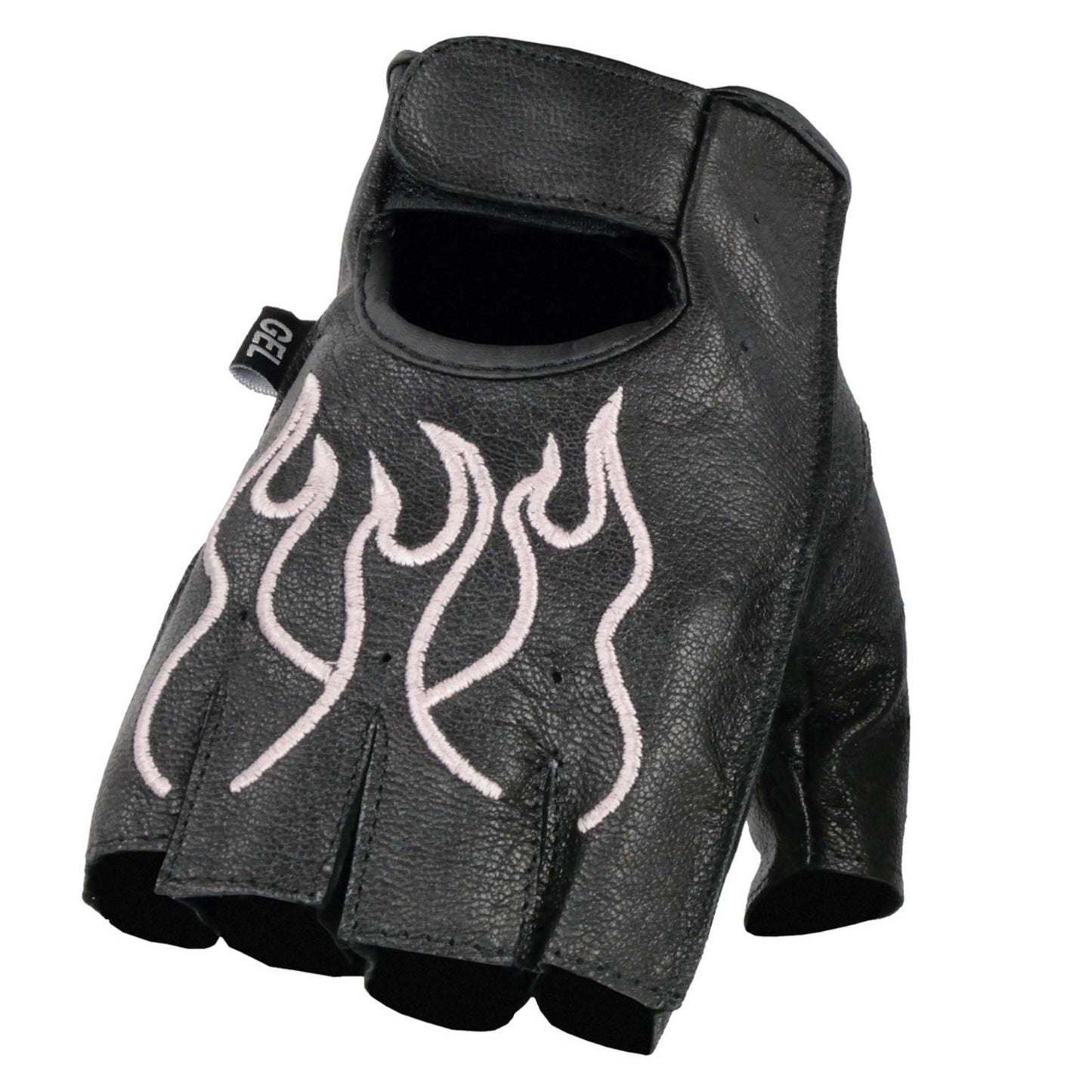 Xelement XG198 Women's Embroidered 'Flamed' Fingerless Black and Pink Motorcycle Leather Gloves