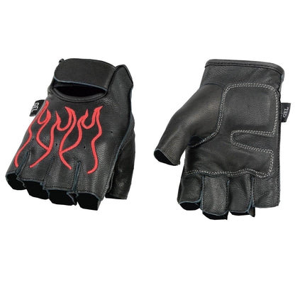 Xelement XG198 Men's Embroidered 'Flamed' Fingerless Black and Red Motorcycle Leather Gloves