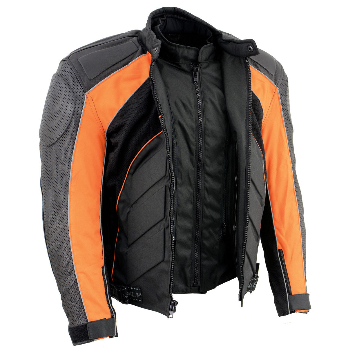 NexGen SH2153 Men's Black and Orange Armored Moto Textile and Leather Combo Jacket