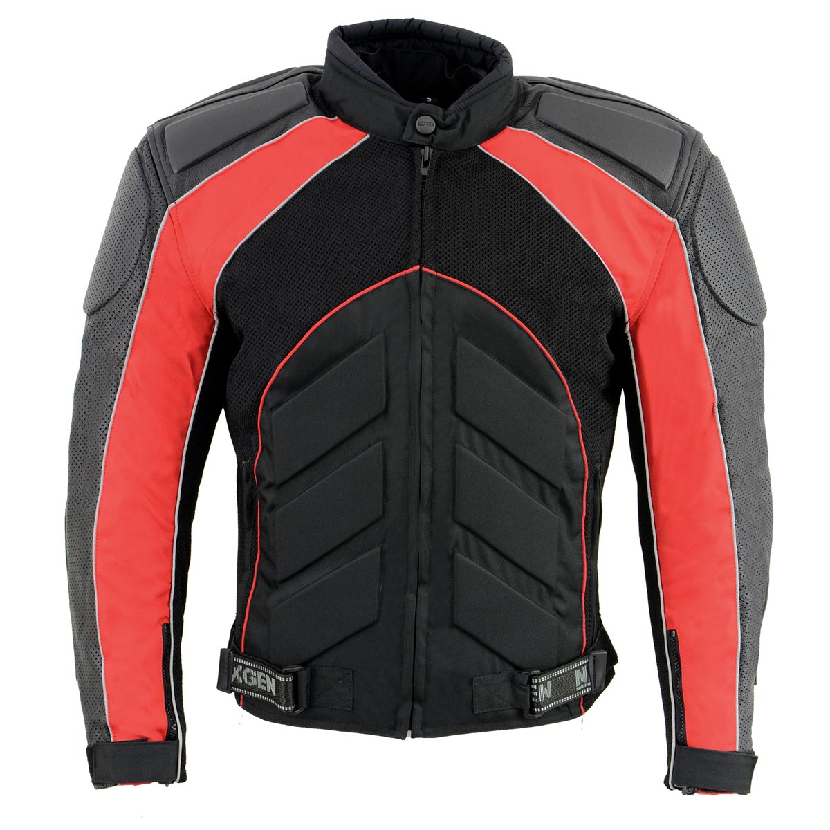 NexGen SH2153 Men's Combo Black and Red Armored Leather and Textile with Mesh Moto Jacket