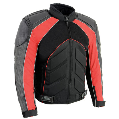 NexGen SH2153 Men's Combo Black and Red Armored Leather and Textile with Mesh Moto Jacket