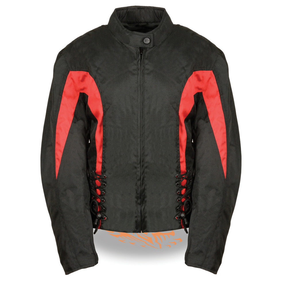Nexgen SH2188 Women's Black and Red Textile Motorcycle Riding Jacket with Side Stretch and Lacing
