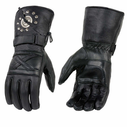 Milwaukee Leather SH231 Men's Black Leather Warm Lining Gauntlet Motorcycle Hand Gloves W/ Detailing Cuff and Pull-on Closure