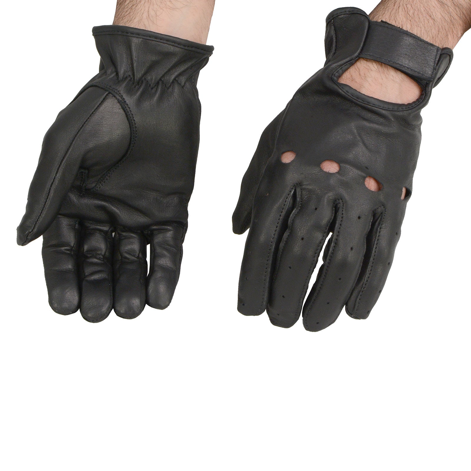 Milwaukee Leather SH247 Men's Black Perforated Leather Full Finger Motorcycle Hand Gloves W/ Breathable ‘Open Knuckle’