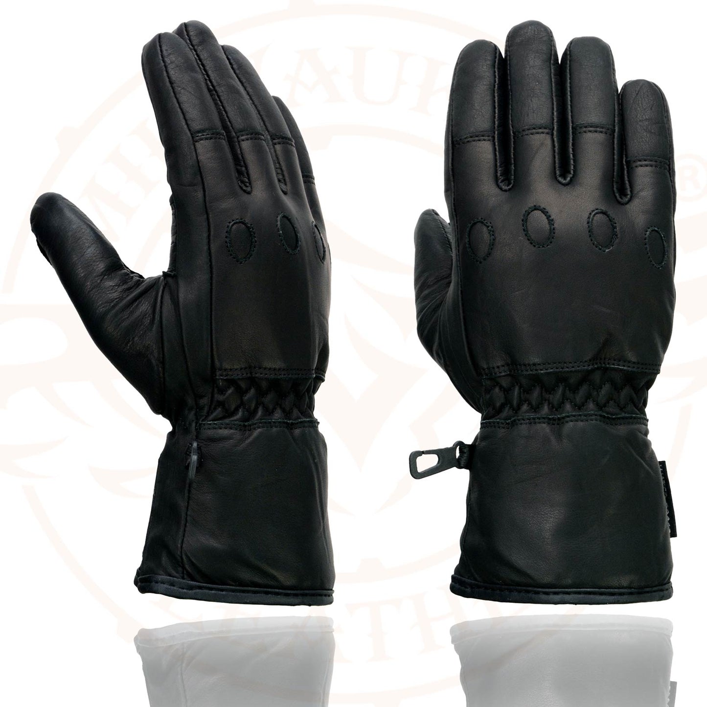 Milwaukee Leather Men's Black Gauntlet Motorcycle Hand Gloves-Black Soft Leather Waterproof Sinch Wrist Closure-SH293