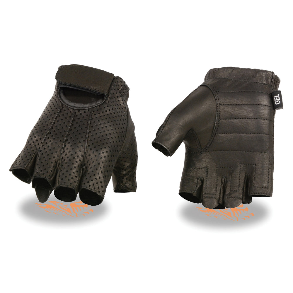 Milwaukee Leather SH357 Men's Black Leather Gel Padded Palm Fingerless Motorcycle Hand Gloves W/ ‘Welted Perforated Leather’