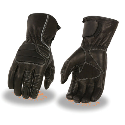 Milwaukee Leather SH607 Men's Black Leather Gauntlet Padded Back Racing Motorcycle Hand Gloves W/ Reflective Piping.