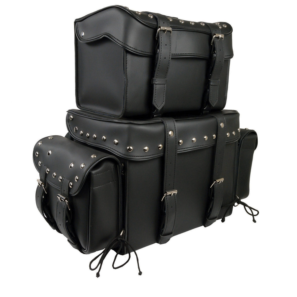 Milwaukee Leather SH650 Large Black PVC 4-Piece Studded Motorcycle Touring Pack with Barrel Bag