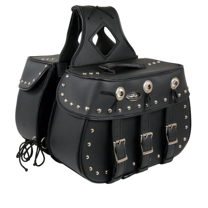 Milwaukee Leather SH652ZB Black Zip-Off Triple Buckle PVC Throw Over Motorcycle Saddle Bags with Studs