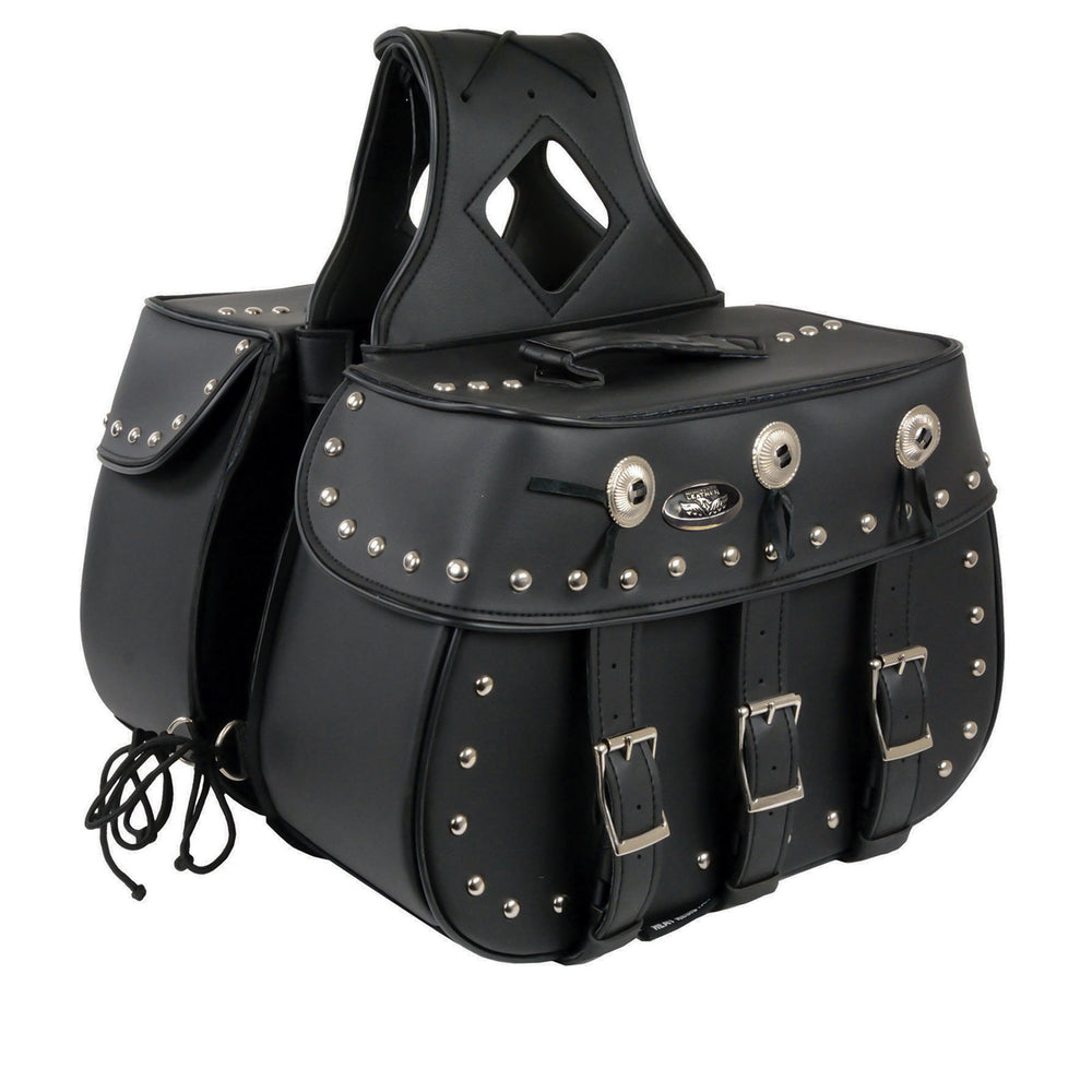 Milwaukee Leather SH652ZB Black Zip-Off Triple Buckle PVC Throw Over Motorcycle Saddle Bags with Studs