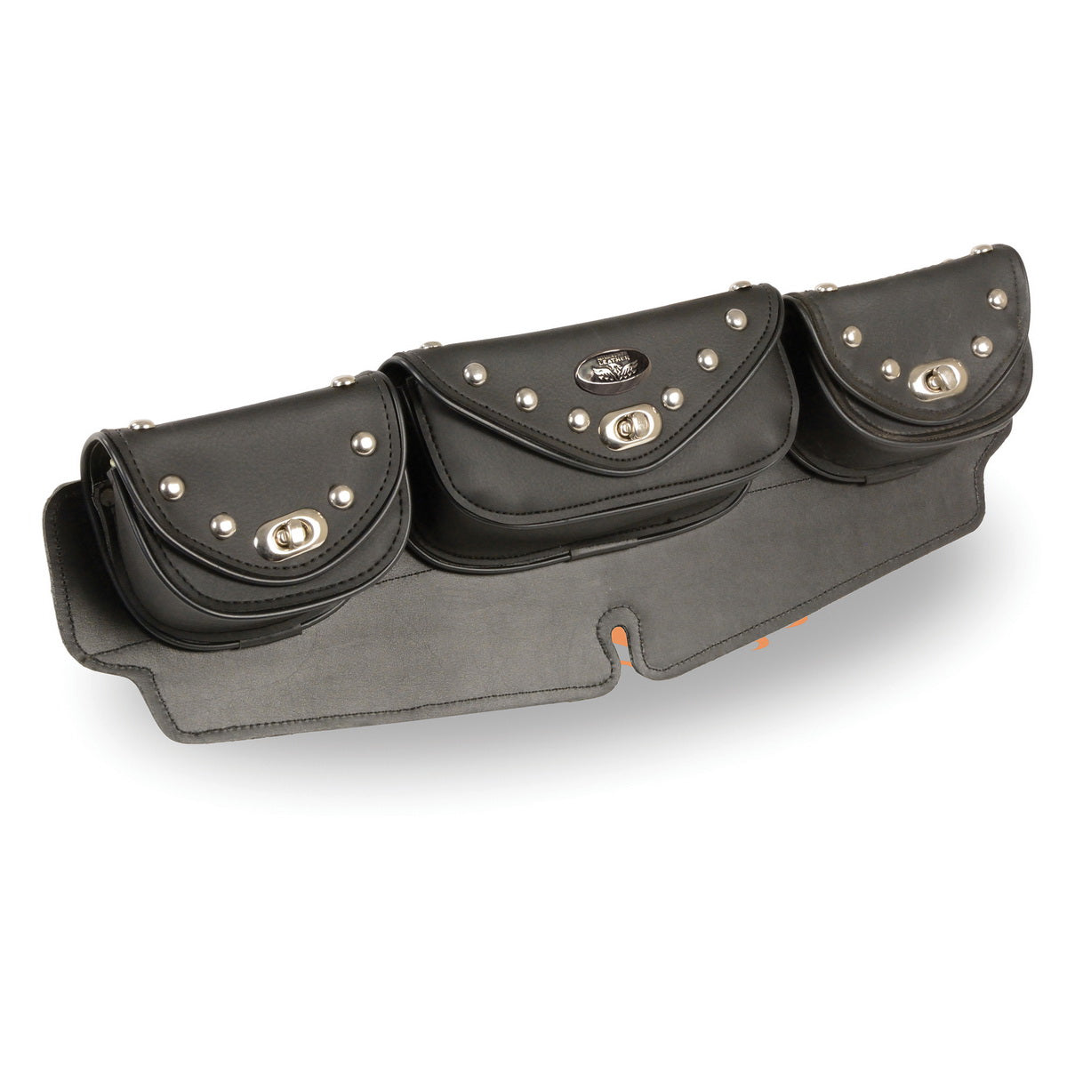 Milwaukee Leather Performance SH671 Black Large Studded Triple Pocket Windshield Mount Bag with Turn Clasps