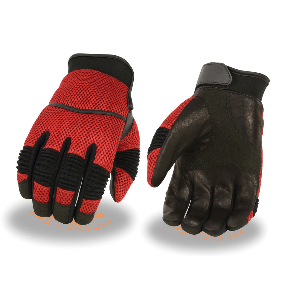 Milwaukee Leather SH791 Men's Black Leather and Red Mesh Combo Racing Motorcycle Hand Gloves W/ Elasticized Fingers