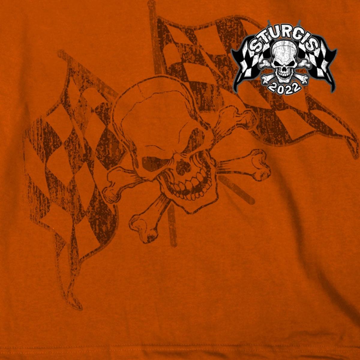 2022 Sturgis Motorcycle Rally SPB1011 Men’s Skull And Checkered Flag Orange T Shirt