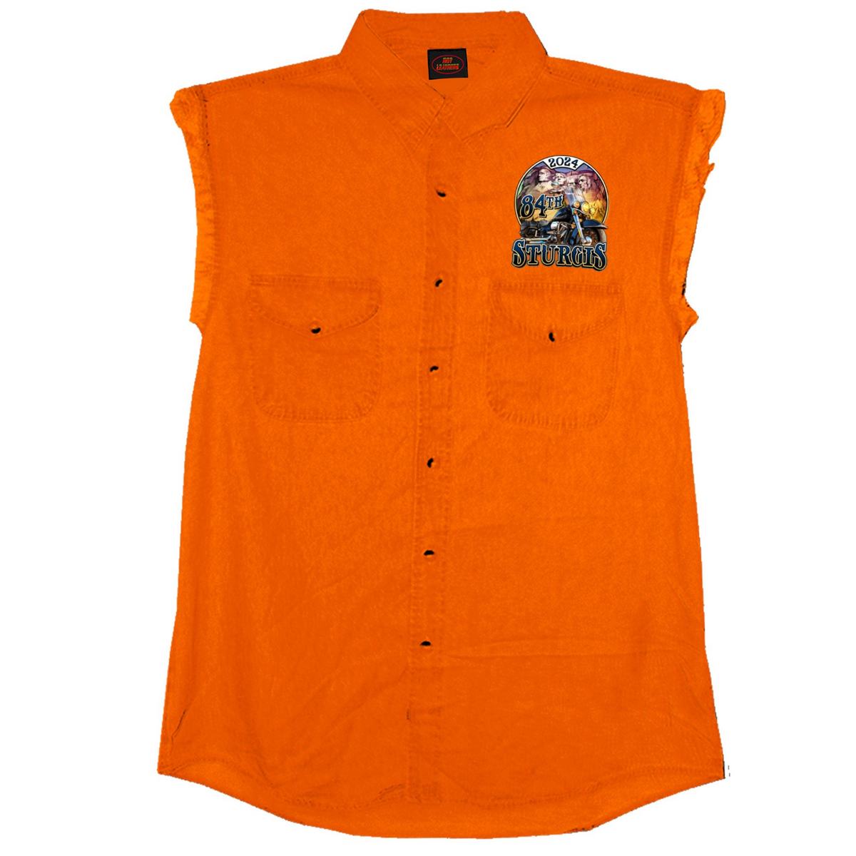 2024 Sturgis Men's Rushmore Orange Motorcycle Rally Sleeveless Denim Button Up Shirt SPB5100