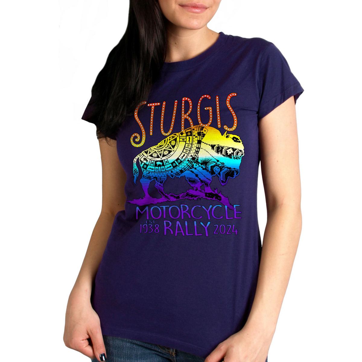 2024 Sturgis Women's Buffalo Navy Motorcycle Rally Tee Shirt SPL1868