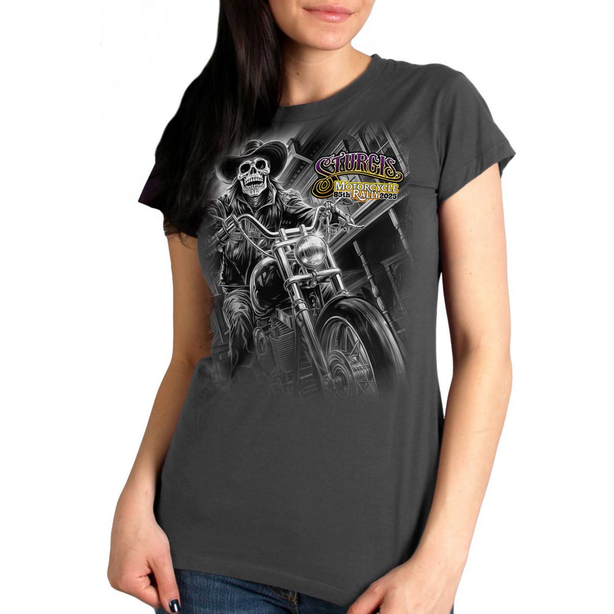 2025 Sturgis Women's Motorcycle Rally #1 Ghost Rider Charcoal Ladies T-Shirt