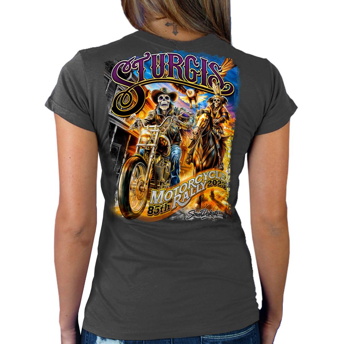 2025 Sturgis Women's Motorcycle Rally #1 Ghost Rider Charcoal Ladies T-Shirt