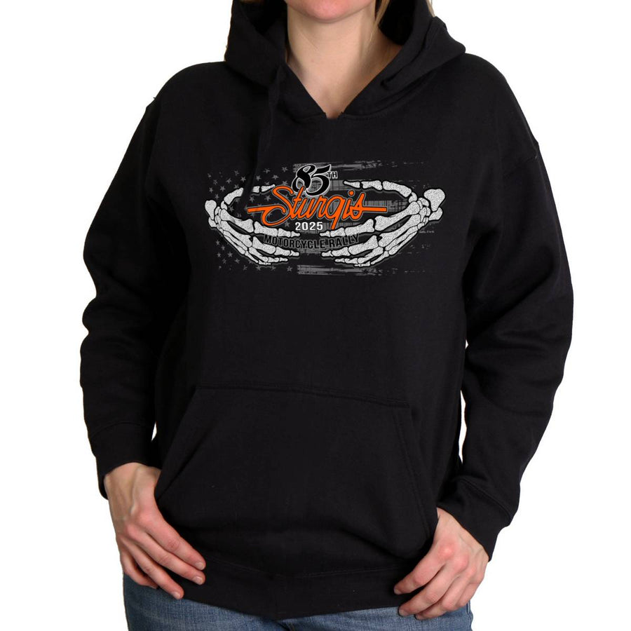 2025 Sturgis Motorcycle Rally Skeleton Hands Black Ladies Hooded Sweat