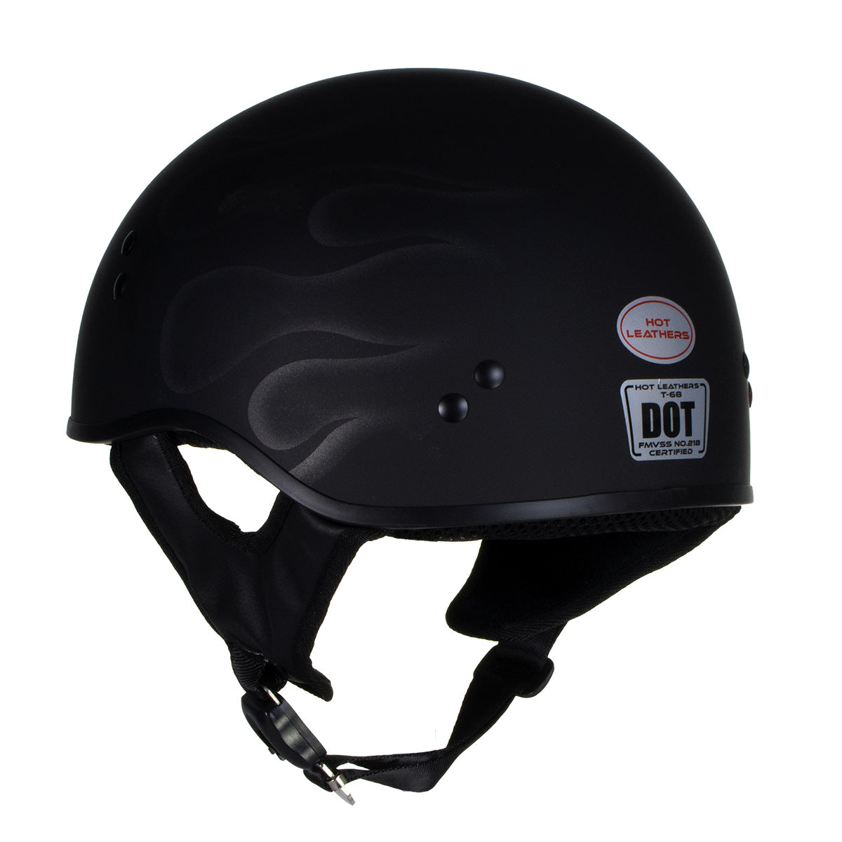 Hot Leathers HLT68 Type-1 Flat Black Flames Motorcycle DOT Approved Skull Cap Half Helmet