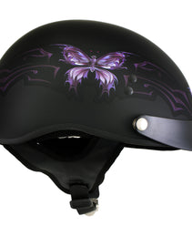 Hot Leathers HLT70 'Purple Butterfly' Flat Black Advanced DOT Motorcycle Half Face Biker Helmet