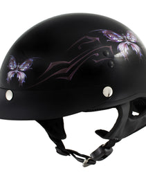 Hot Leathers HLT70 Purple Butterfly Glossy Black DOT Motorcycle Half Face Biker Helmet