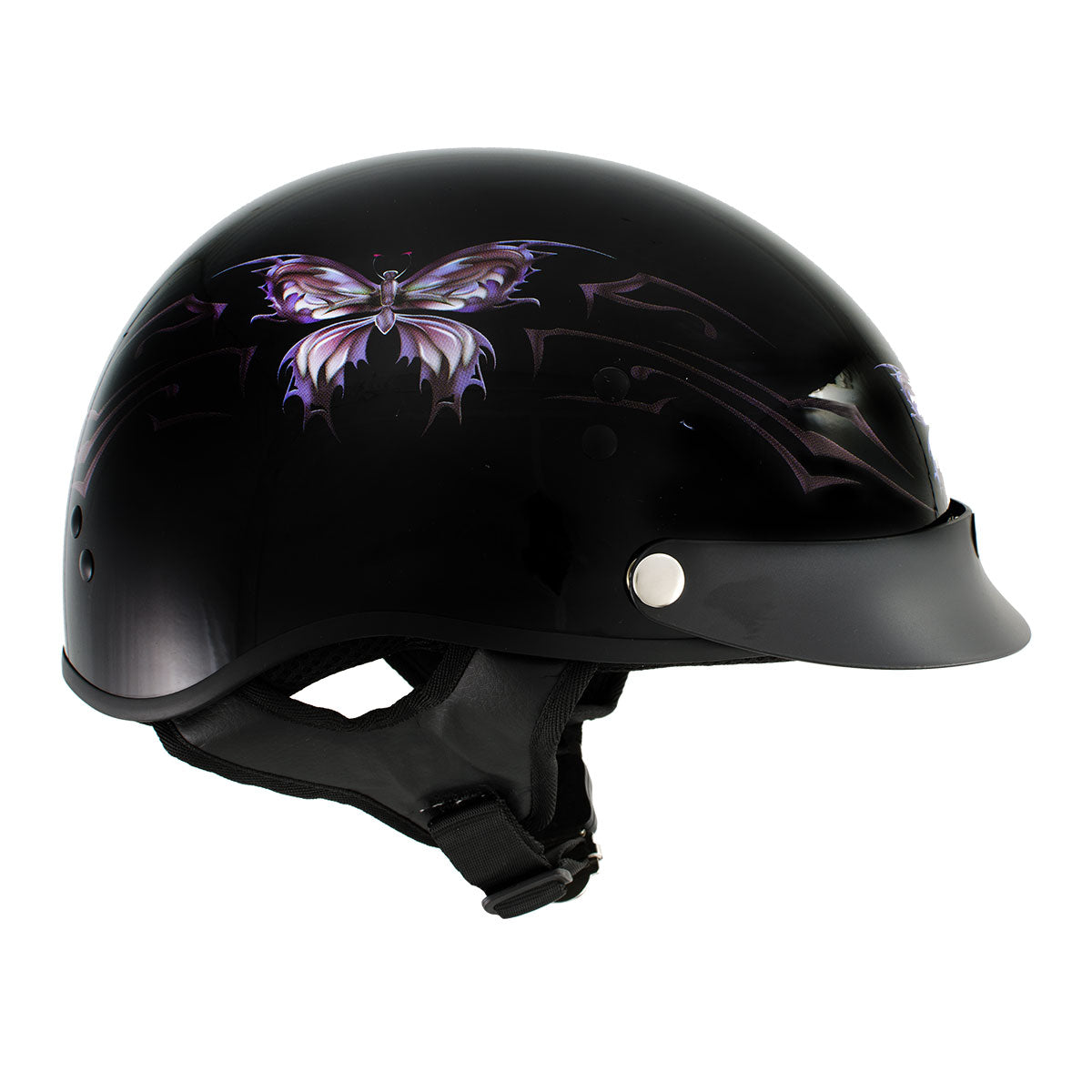 Hot Leathers HLT70 Purple Butterfly Glossy Black DOT Motorcycle Half Face Biker Helmet