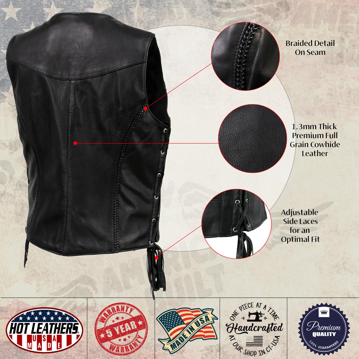 Hot Leathers VSL5001 USA Made Women's 'Vivacious' Black Braided Motorcycle Leather Vest