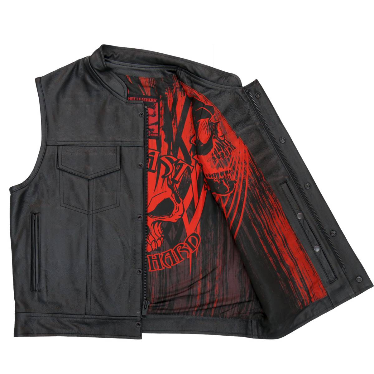 Hot Leathers VSM1055 Men’s Black Over The Top Skull Conceal and Carry Leather Vest