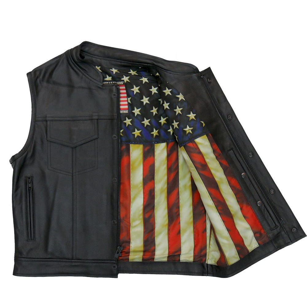 Hot Leathers VSM1056 Men's Black Vintage USA Flag Conceal and Carry Leather Vest
