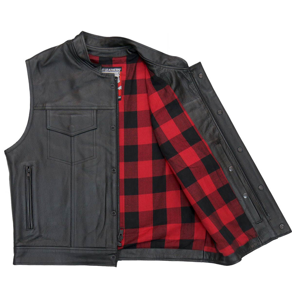 Hot Leathers VSM1060 Men's Black Flannel Red Conceal and Carry Leather Vest