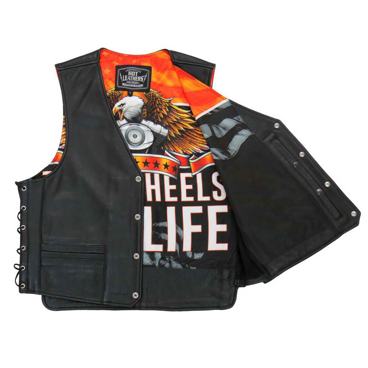 Hot Leathers VSM1066 Men's Black V-Twin Eagle Conceal and Carry Side Lace Leather Vest