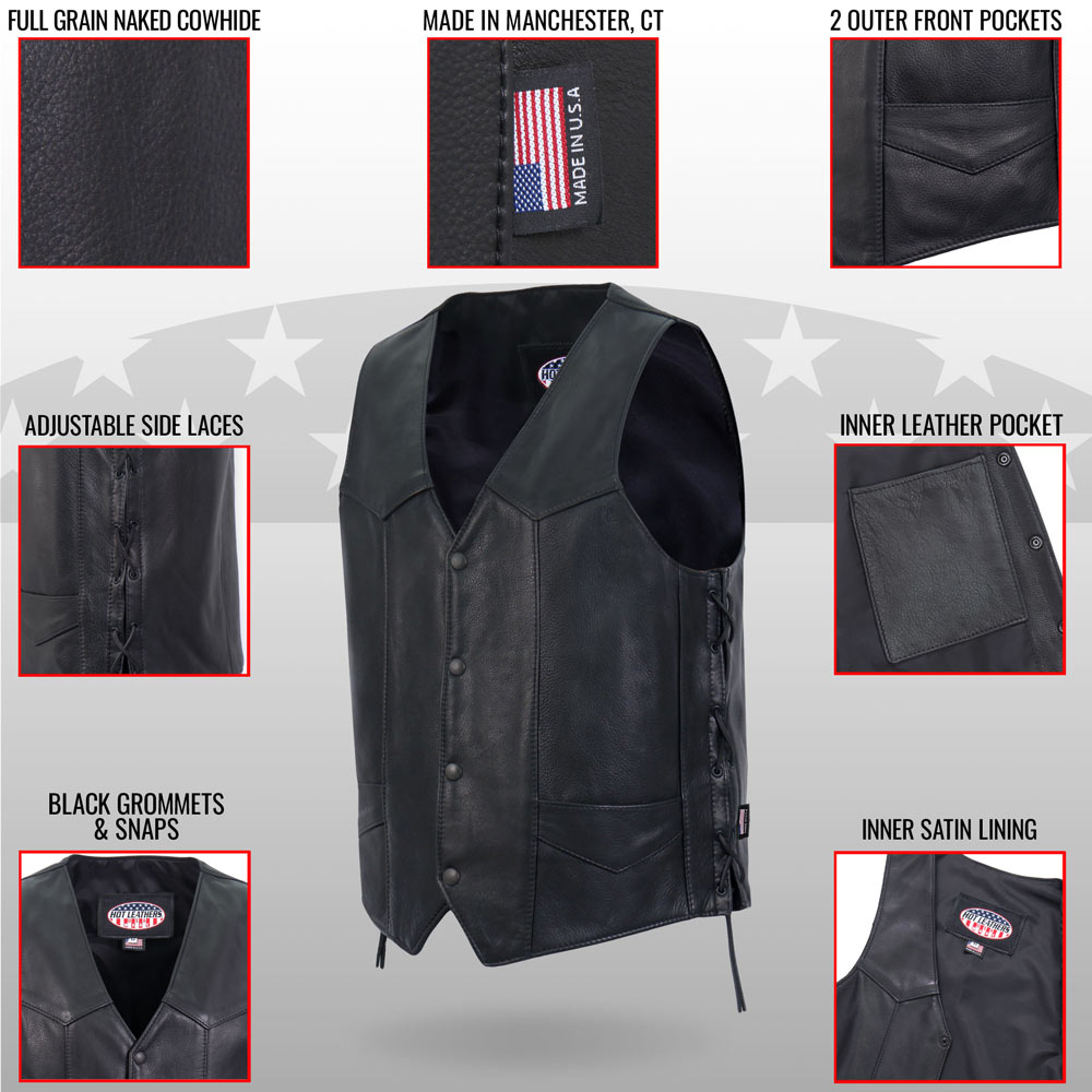 Hot Leathers VSM5008 USA Made Men's Black Western Style Side Lace Premium Leather Vest