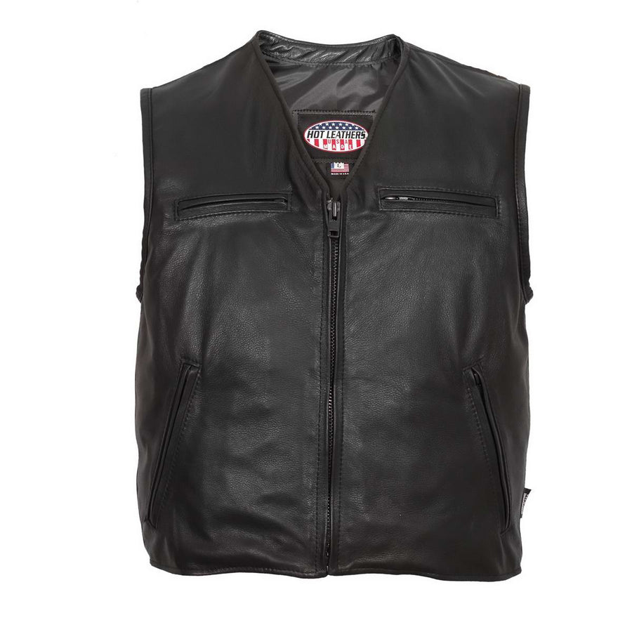 Hot Leathers VSM5009 USA Made Men's Black V-Neck Premium Leather Zippered Vest