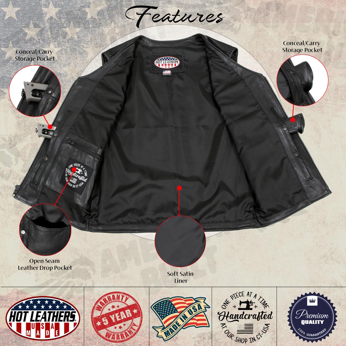 Hot Leathers VSM5009 USA Made Men's 'Slinger' Black V-Neck Premium Leather Zippered Vest