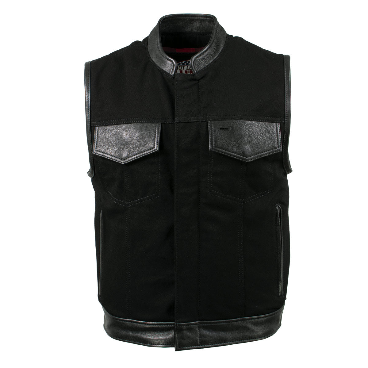 Milwaukee Leather USA MADE MLVSM5101 Men's Black 'Burn Out' Denim and Leather Motorcycle Vest with Plaid Red Lining
