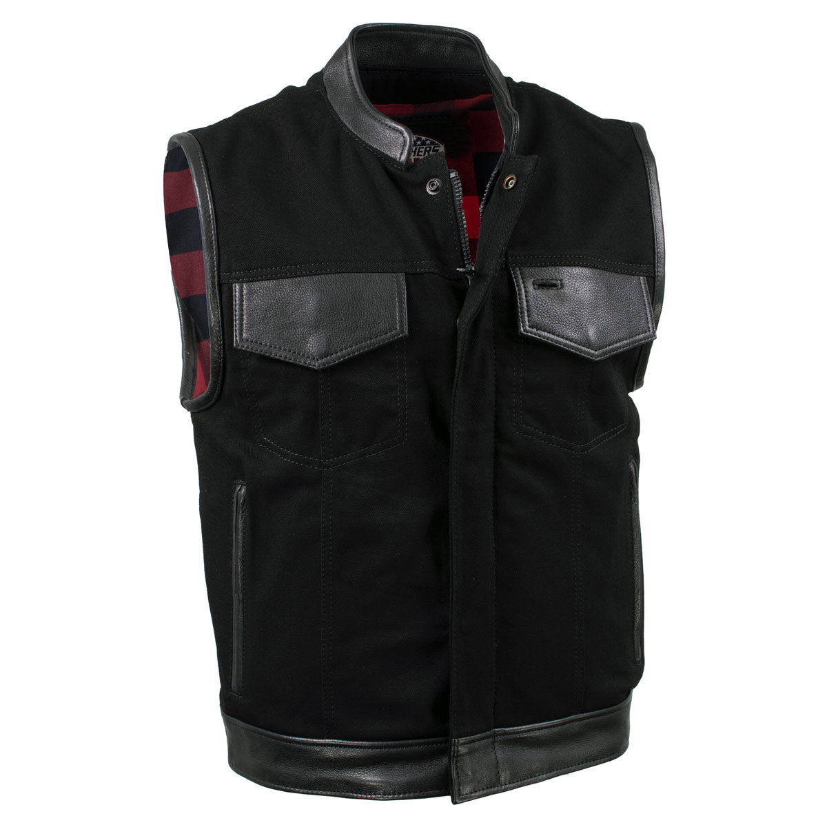 Milwaukee Leather USA MADE MLVSM5101 Men's Black 'Burn Out' Denim and Leather Motorcycle Vest with Plaid Red Lining