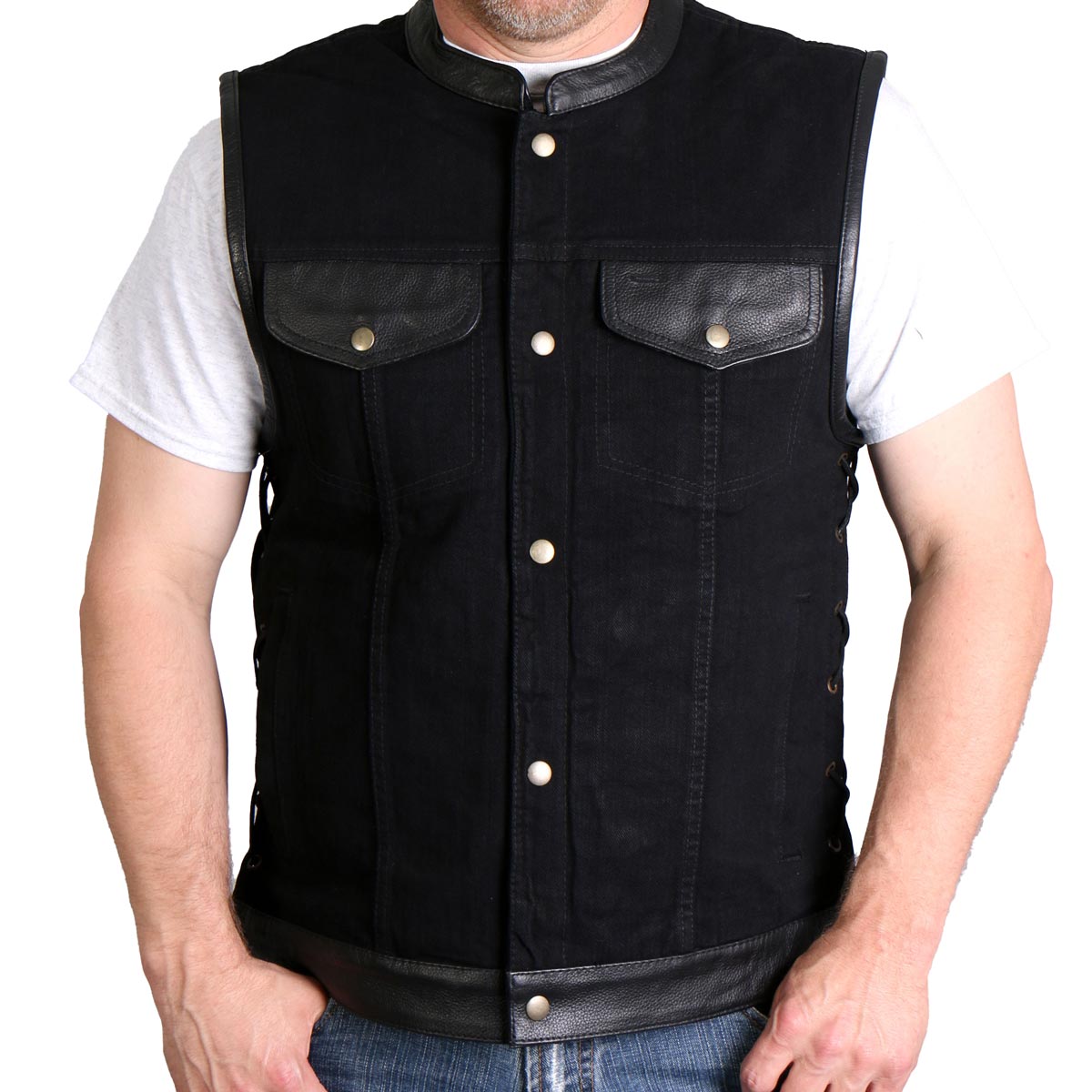 Hot Leathers VSM6101 Men's Carry Conceal Black Denim and Leather Vest