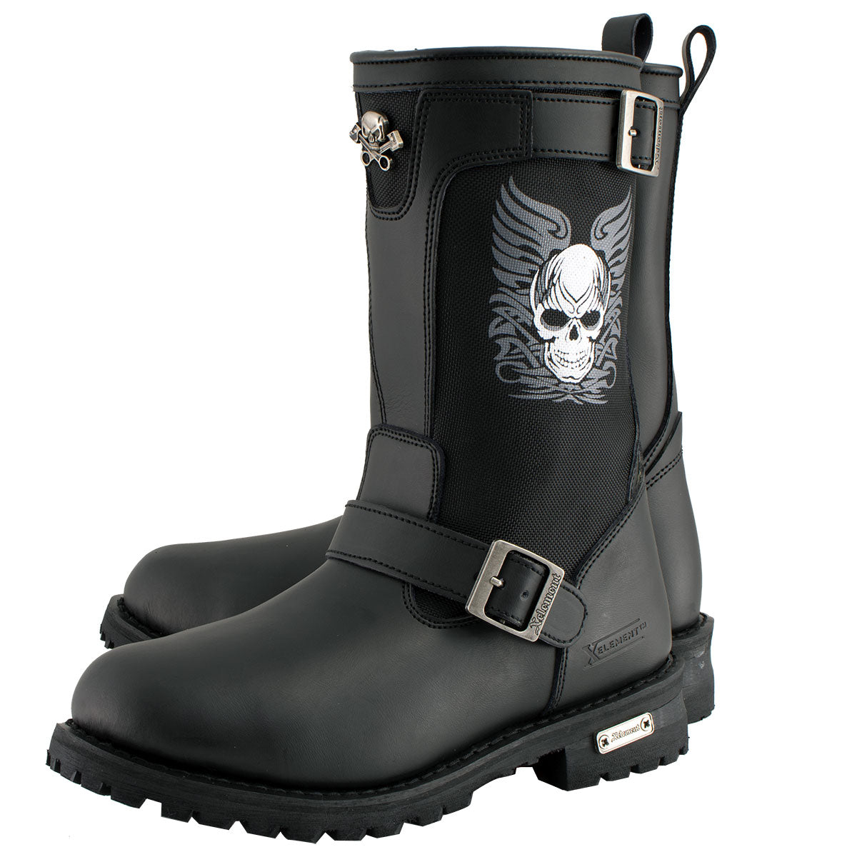 Xelement X19405 Men s Black Tribal Skull Leather Motorcycle Boots with Poron Cushion Insoles