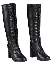 Milwaukee Leather X9442 Women's Black Lace-Up Tall Fashion Biker Boots with High Heel & Studs