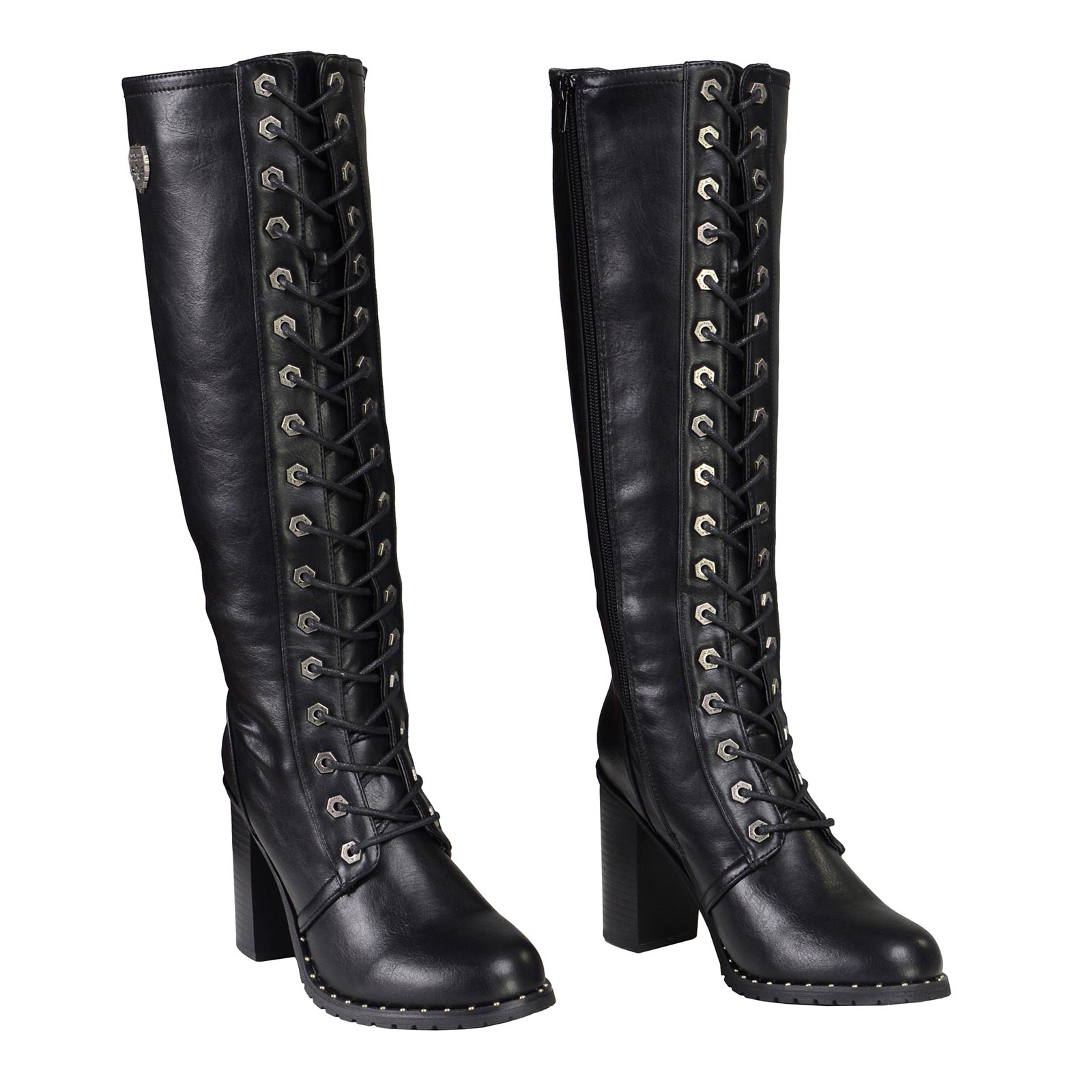 Milwaukee Leather X9442 Women's Black Lace-Up Tall Fashion Biker Boots with High Heel & Studs