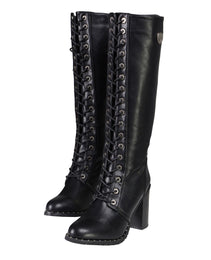 Milwaukee Leather X9442 Women's Black Lace-Up Tall Fashion Biker Boots with High Heel & Studs