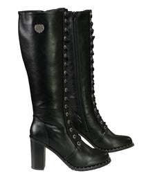 Milwaukee Leather X9442 Women's Black Lace-Up Tall Fashion Biker Boots with High Heel & Studs