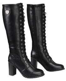 Milwaukee Leather X9442 Women's Black Lace-Up Tall Fashion Biker Boots with High Heel & Studs