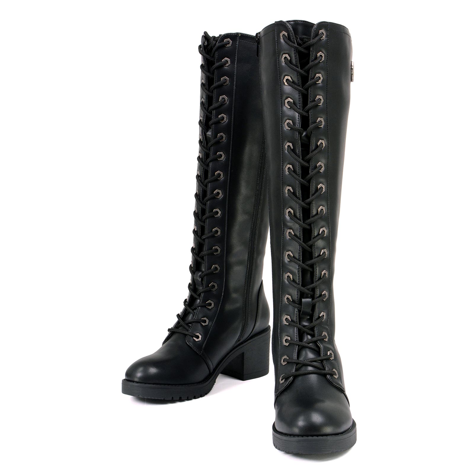 Milwaukee Leather XBL9442 Women's Black Lace-Up Tall Fashion Biker Boots with Square Heel