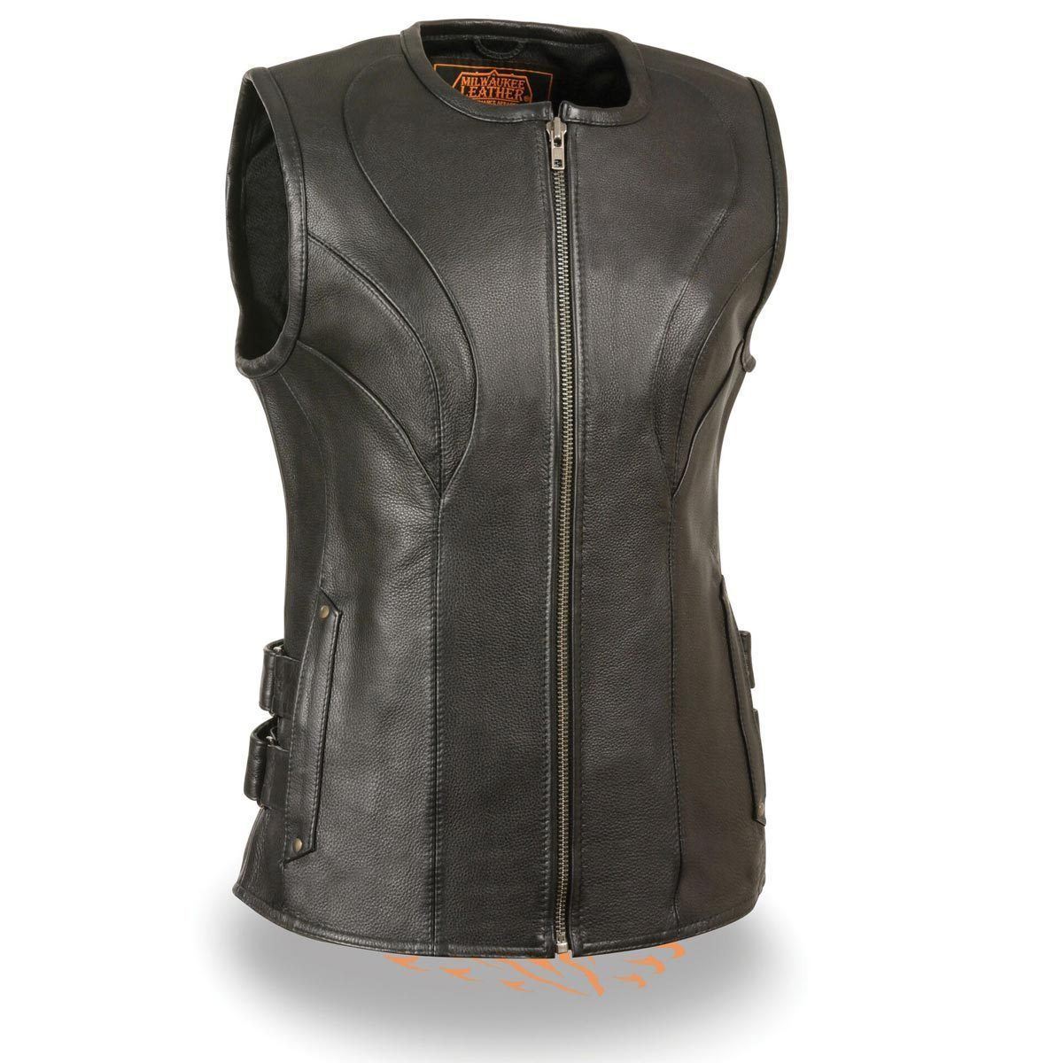Milwaukee Leather Women's Zipper Front SWAT Style Black Leather Vest with Gun Po - X-Small