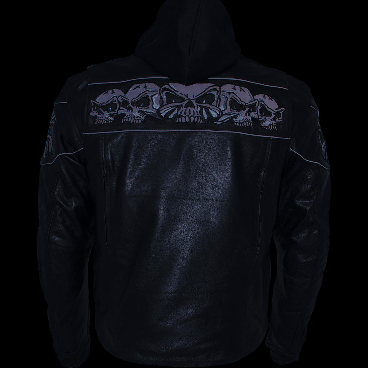 Xelement XS1504 Men's ‘Futile’ Black Leather CE Armored Motorcycle Hooded Jacket with Reflective Skulls