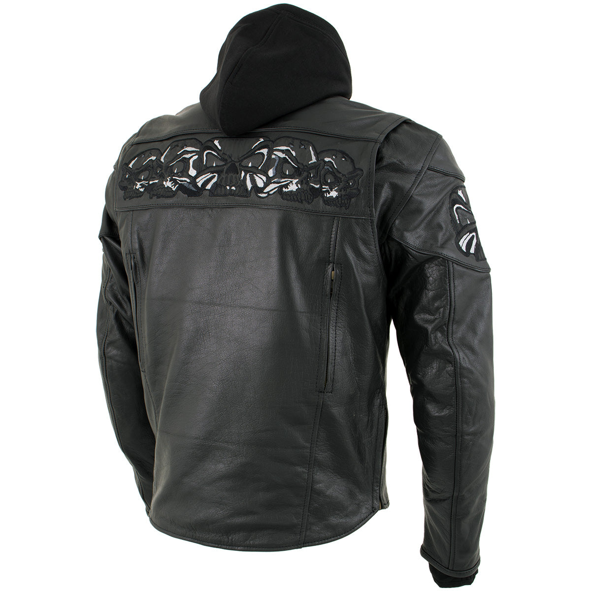 Xelement XS1504 Men's ‘Futile’ Black Leather CE Armored Motorcycle Hooded Jacket with Reflective Skulls