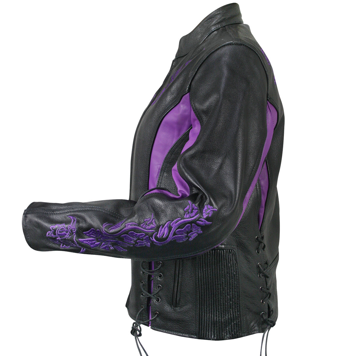 Xelement XS2027 Women's 'Gemma' Biker Black and Purple Leather Embroidered Jacket with X-Armor Protection